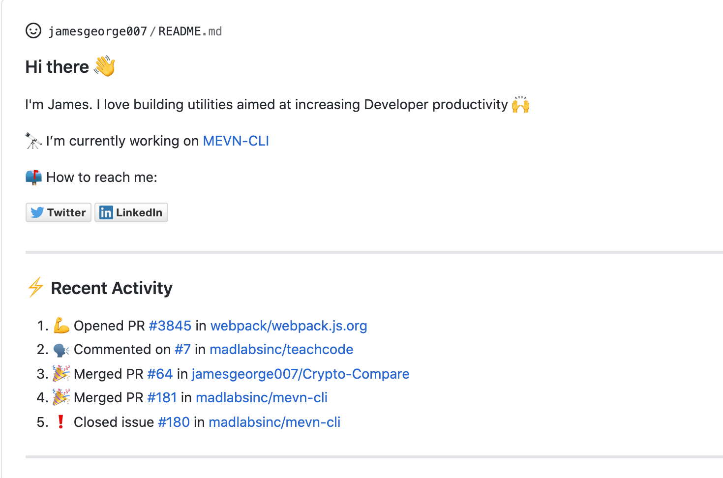 Examples of the GitHub Action to add the latest activity to a GitHub profile