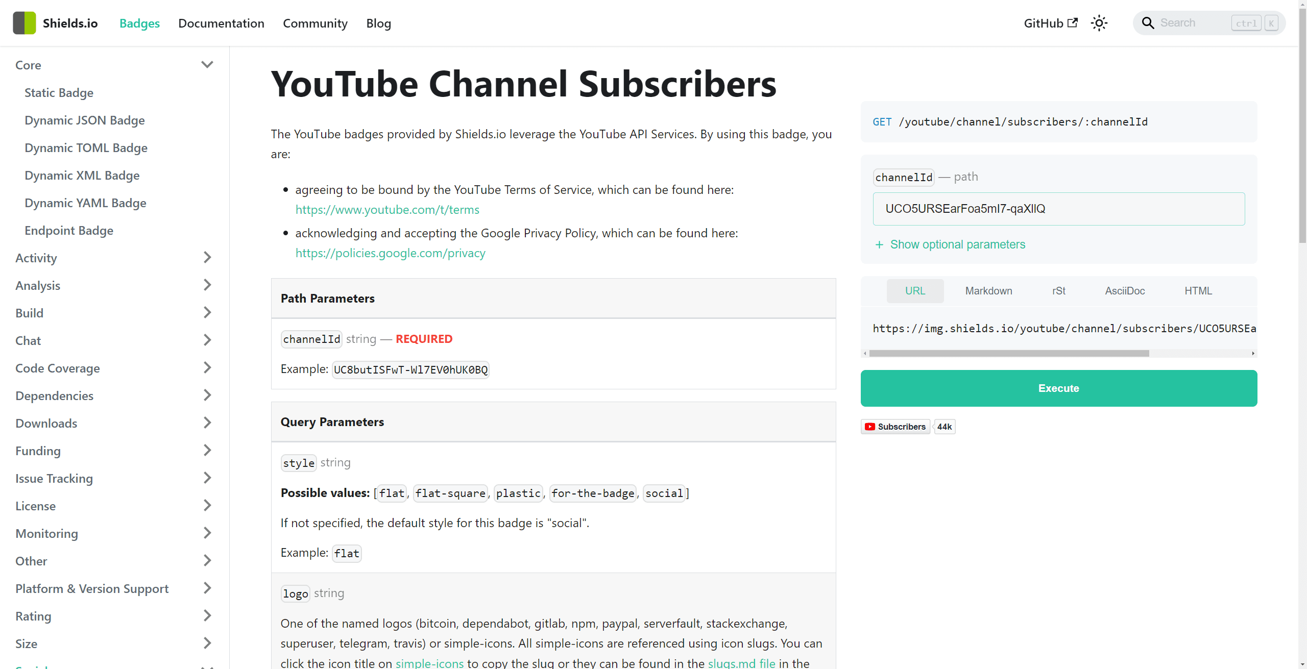 shields.io page to create a badge for Youtube channel subscriptions