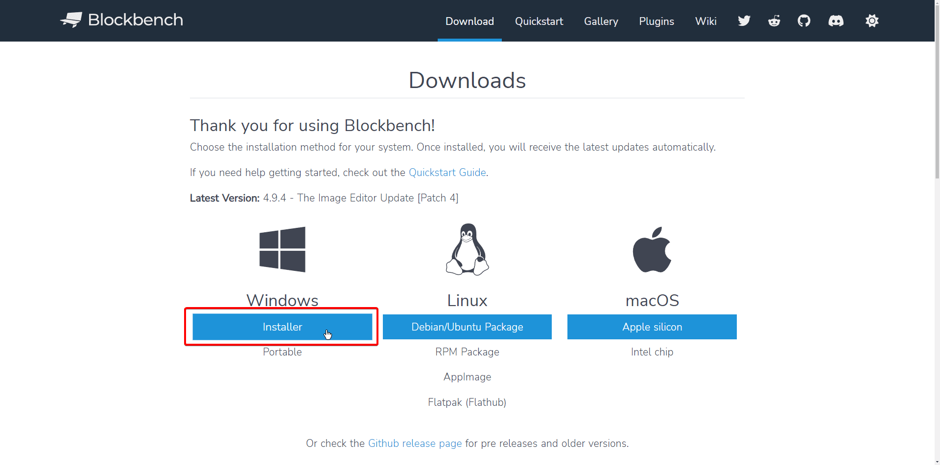 Pantalla de descarga de la web de BlockBench