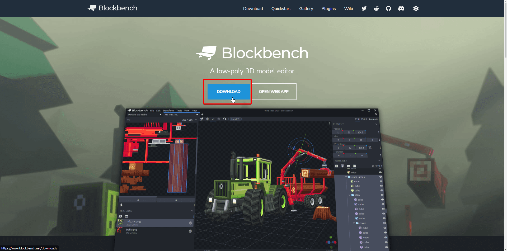 Pantalla de inicio de la web de BlockBench