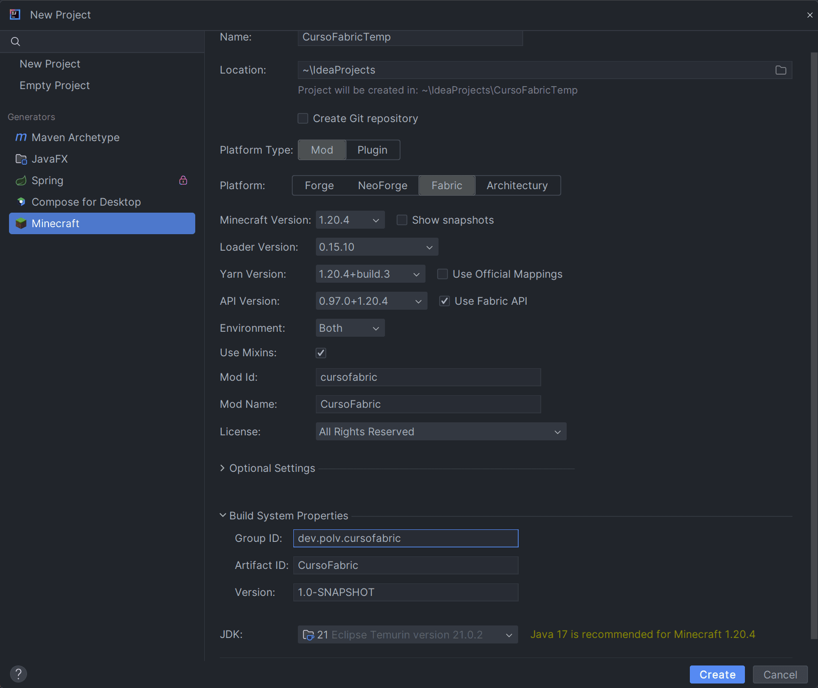 Pantalla de creación de un Proyecto de Fabric con IntellIj