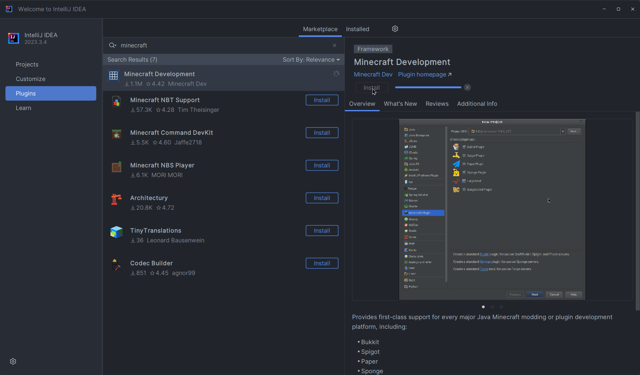 Pantalla de Plugins de IntellIj con el Plugin Minecraft Development