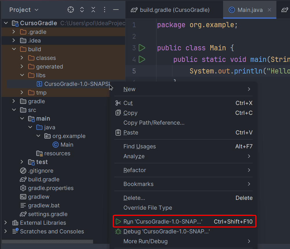 Captura de como ejecutar programas de Java en IntellIj