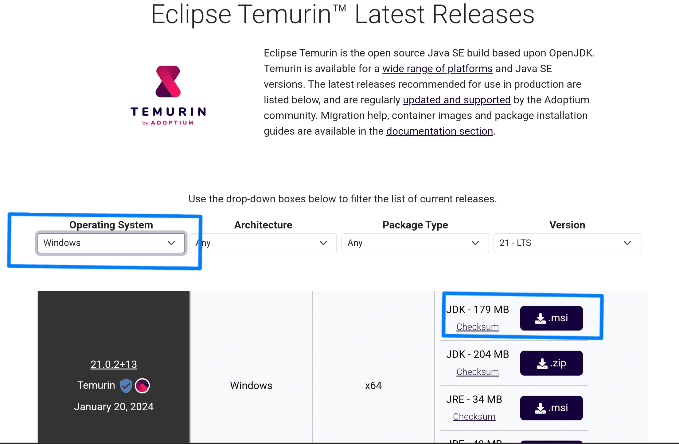 Página de descargas de Temurin
